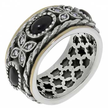 Серебряное кольцо с ониксом, куб.цирконом и золотом SNR3208ON